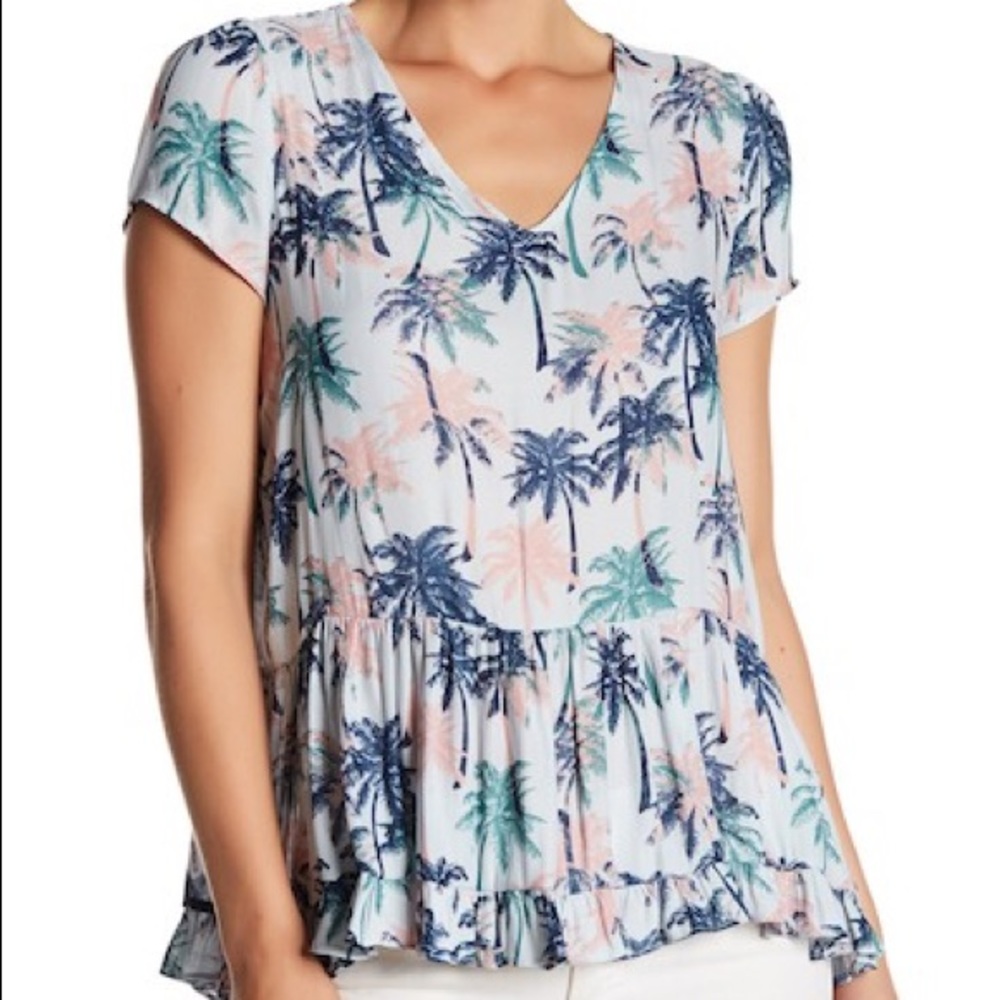 NEW RO & DE blue palm tree print ruffle blouse XS/S
